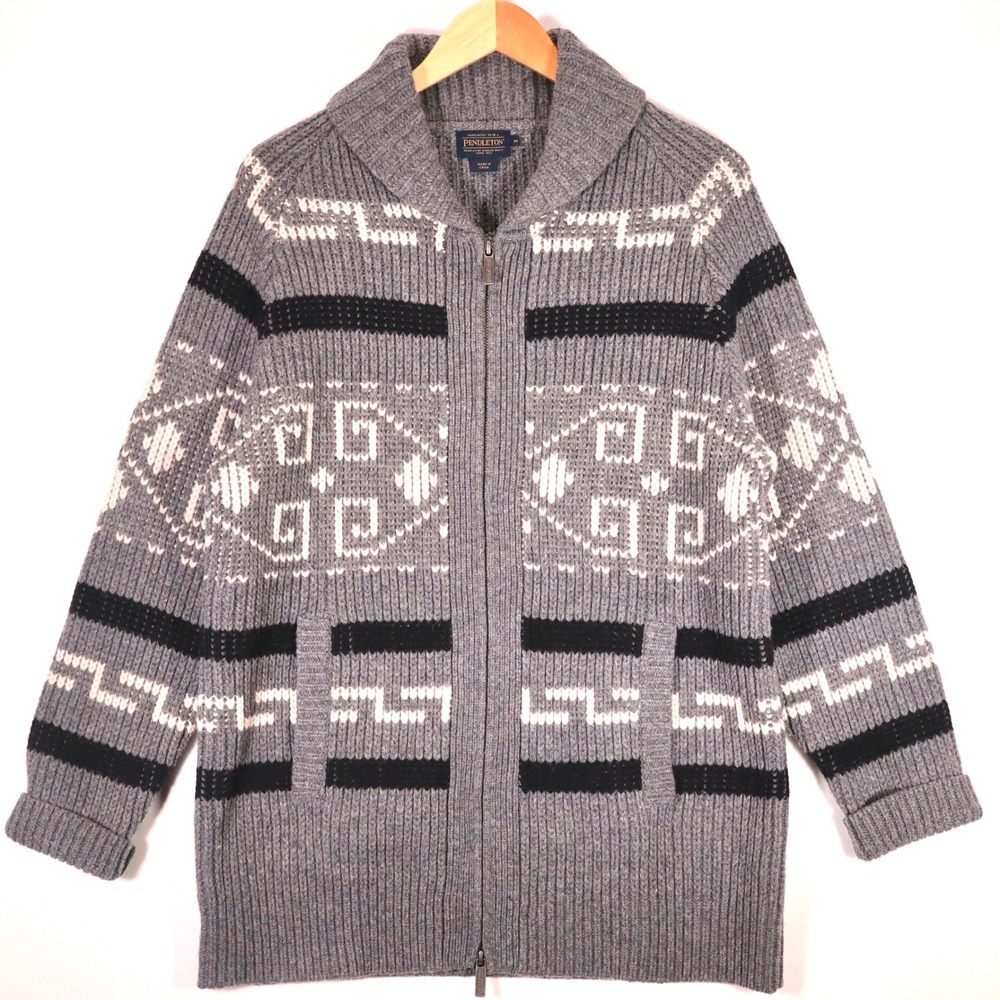 Pendleton Cardigan Sweater Mens M Gray Lambs Wool Southwestern Zip Up Outdoor
